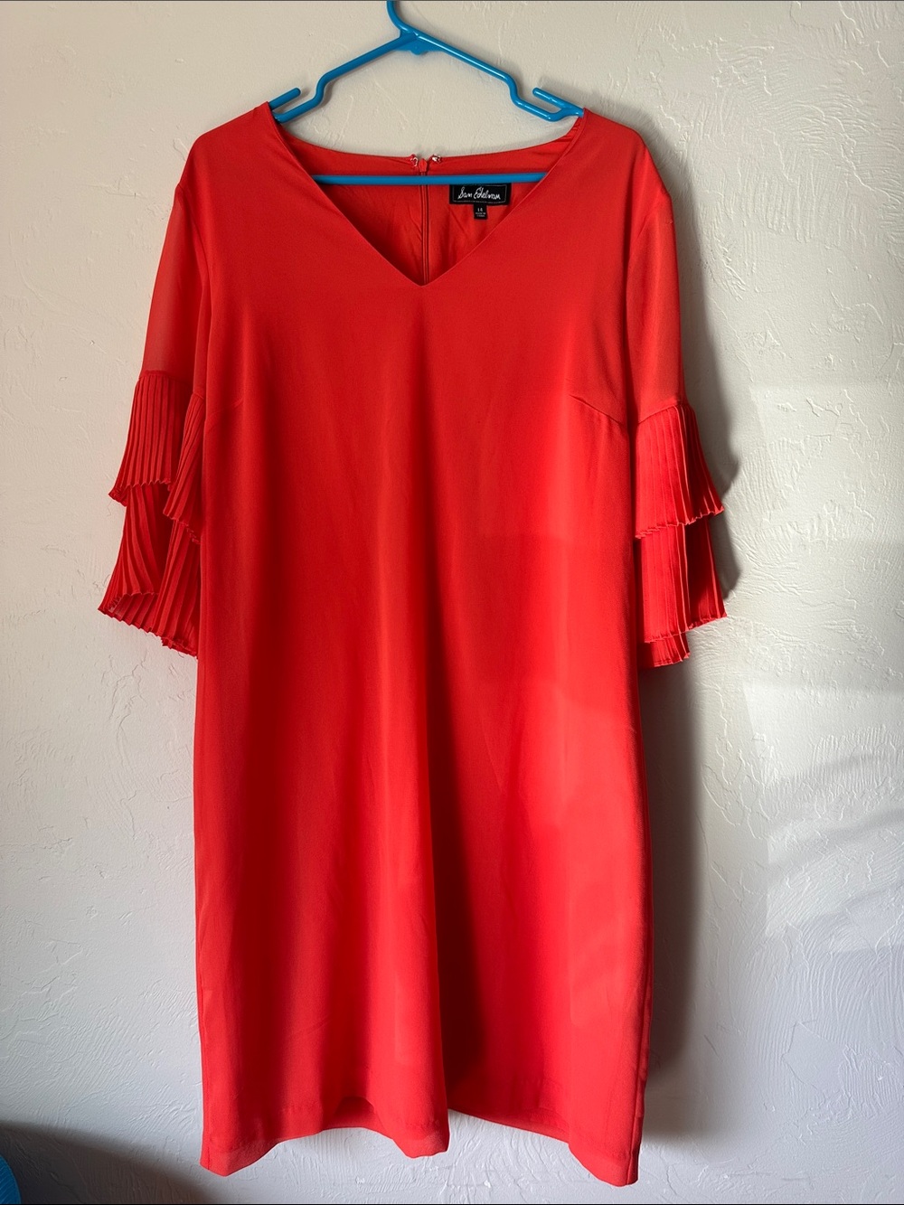 Red Orange V-Neck Pleated Sleeve Dress
